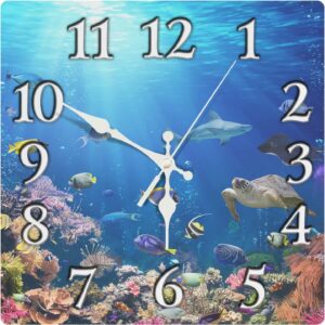 Round Wall Clock Silent Non-Ticking Clock 10 Inch, Underwater Coral Reef Tropical Fish Home Decor for Living Room, Bathroom,