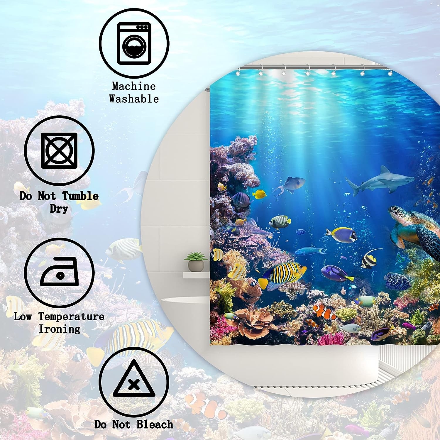 Swepuck Under The Sea Shower Curtain for Bathroom Ocean Tropical Underwater World Coral Fishes Turtle Home Decoration with 12 - Image 4
