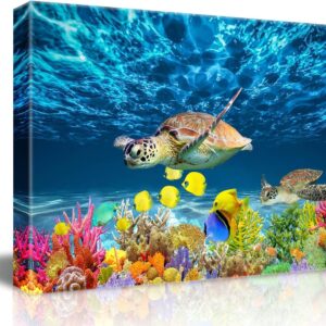 Bathroom Canvas Wall Art Kitchen Wall Decoration Modern Sea Turtle Wall Decor for Dining Room Colorful Fish Coral Beach Theme