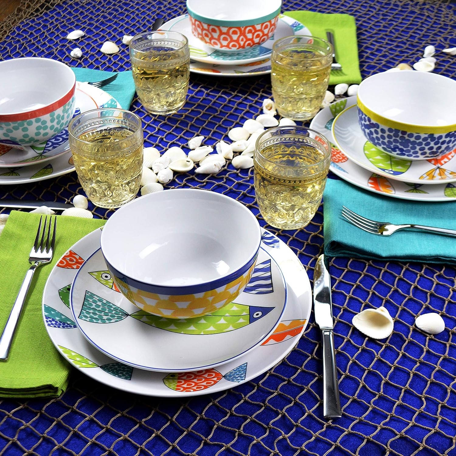 Euro Ceramica FreshCatch 12 Piece Dinnerware Set Service for 4 - Stoneware Indoor/Outdoor Use - No Mug - Cute Fish Pattern on - Image 4