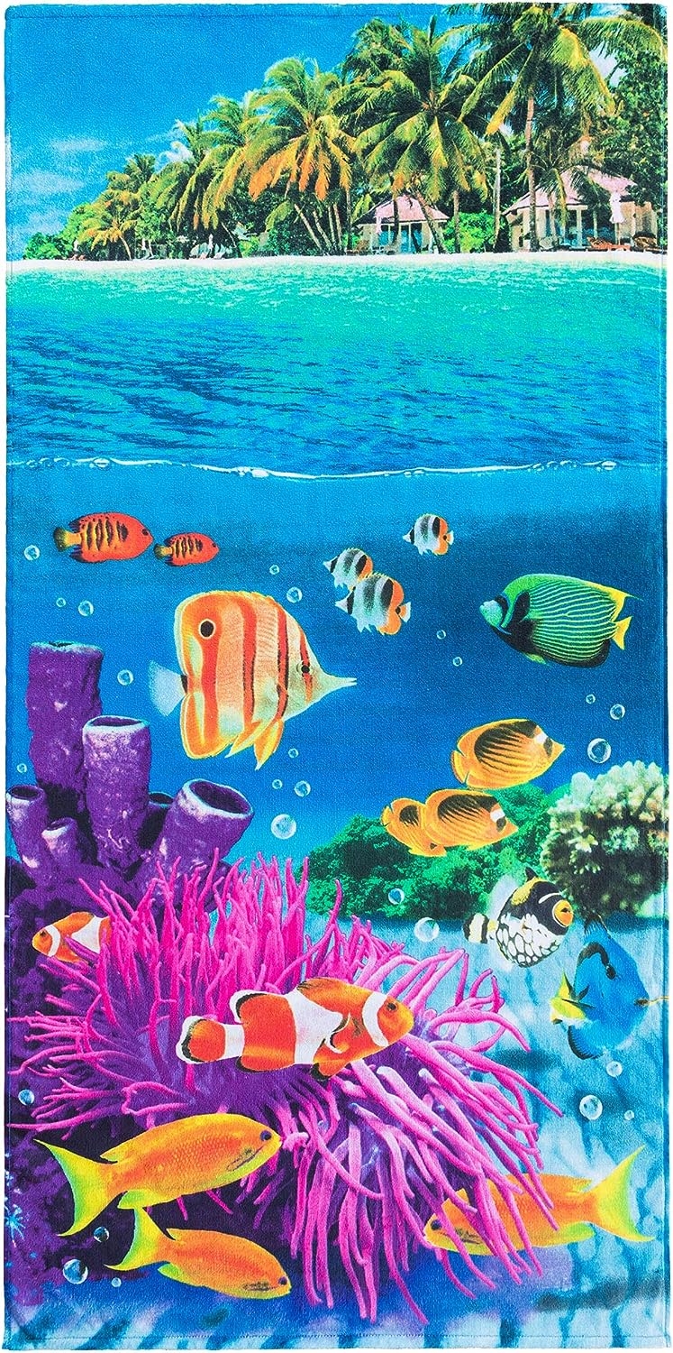 Softerry Tropical Island Beach Towel 30 x 60 inch 100% Cotton Coral Reef and Fishes