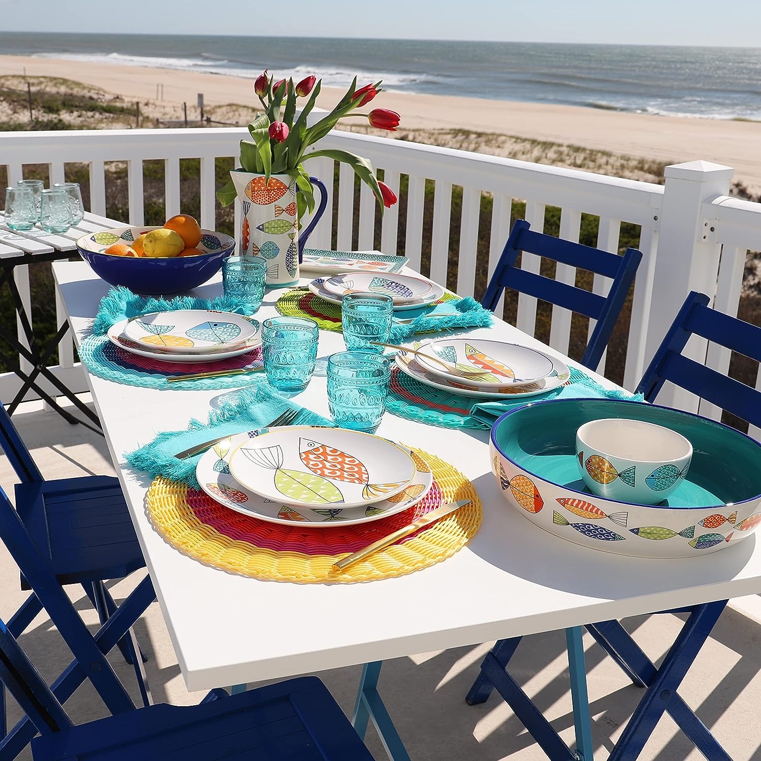 Euro Ceramica FreshCatch Collection Chip and Dip Serving Set (2 Bowls) - Indoor/Outdoor Use - Colorful Cute Fish Pattern on - Image 5