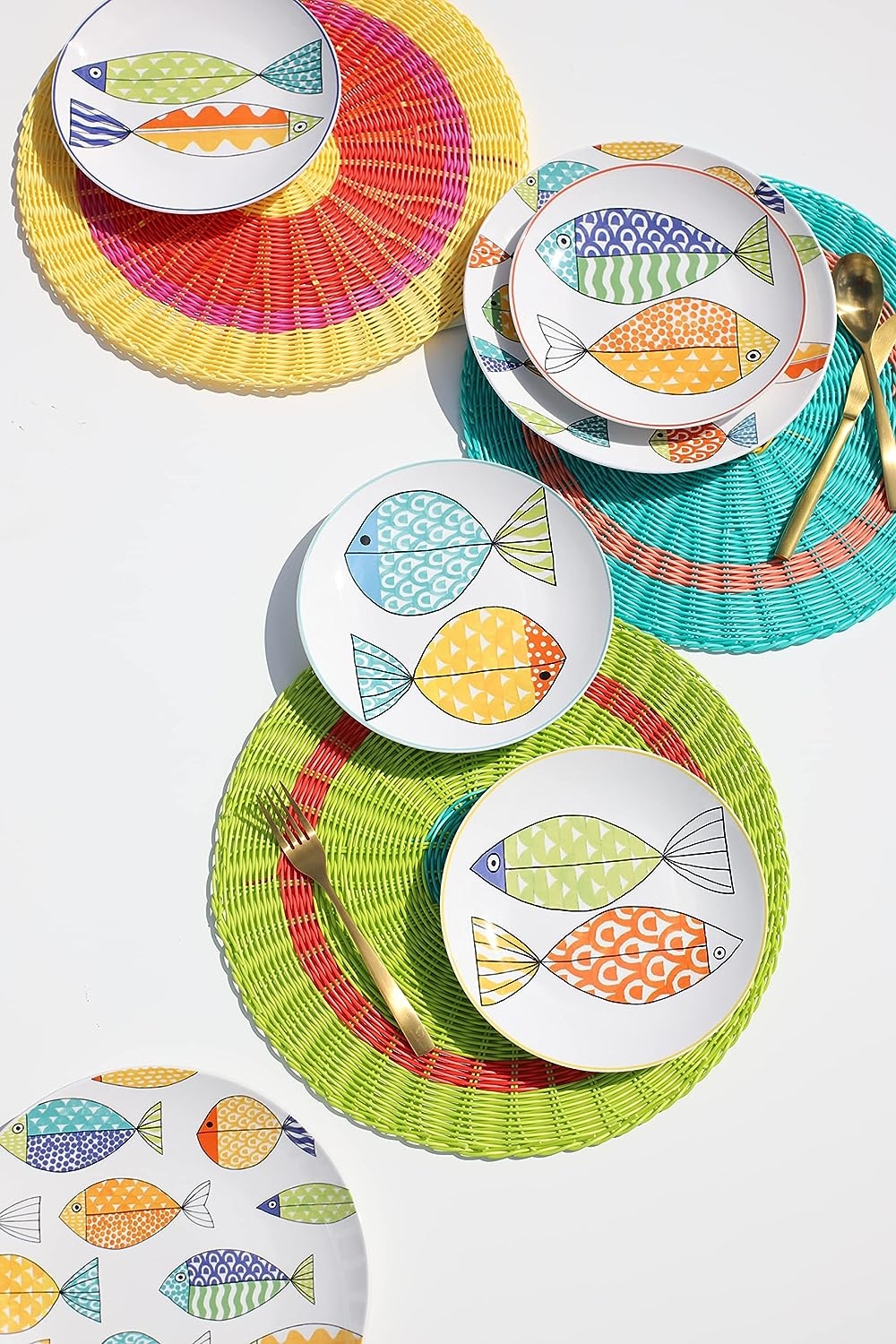 Euro Ceramica FreshCatch 12 Piece Dinnerware Set Service for 4 - Stoneware Indoor/Outdoor Use - No Mug - Cute Fish Pattern on - Image 8
