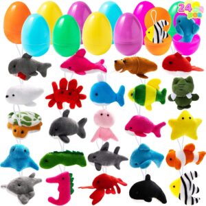 JOYIN 24 Pcs Prefilled Easter Eggs with Sea Animal Plush Toy Set, Mini Ocean Toys Creatures Stuffed Keychain for Kids Hunts,