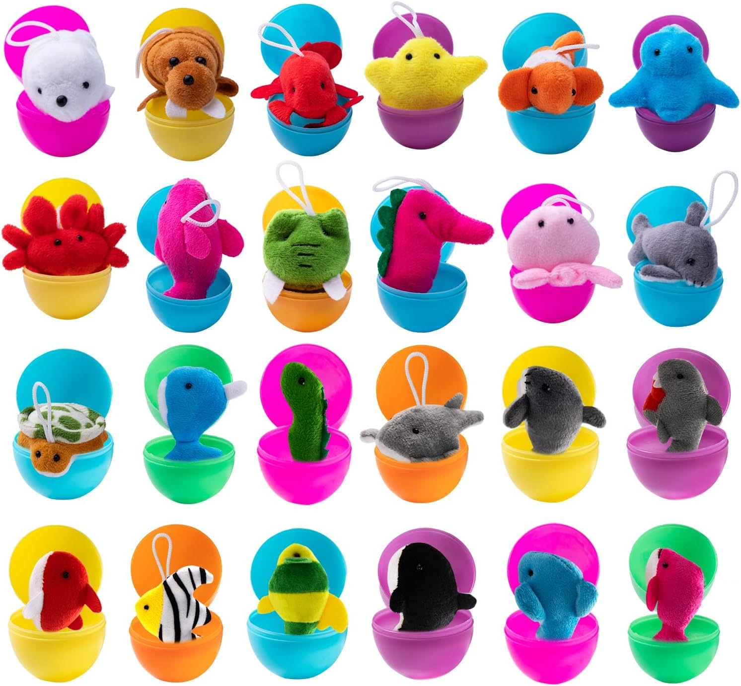 JOYIN 24 Pcs Prefilled Easter Eggs with Sea Animal Plush Toy Set, Mini Ocean Toys Creatures Stuffed Keychain for Kids Hunts,
